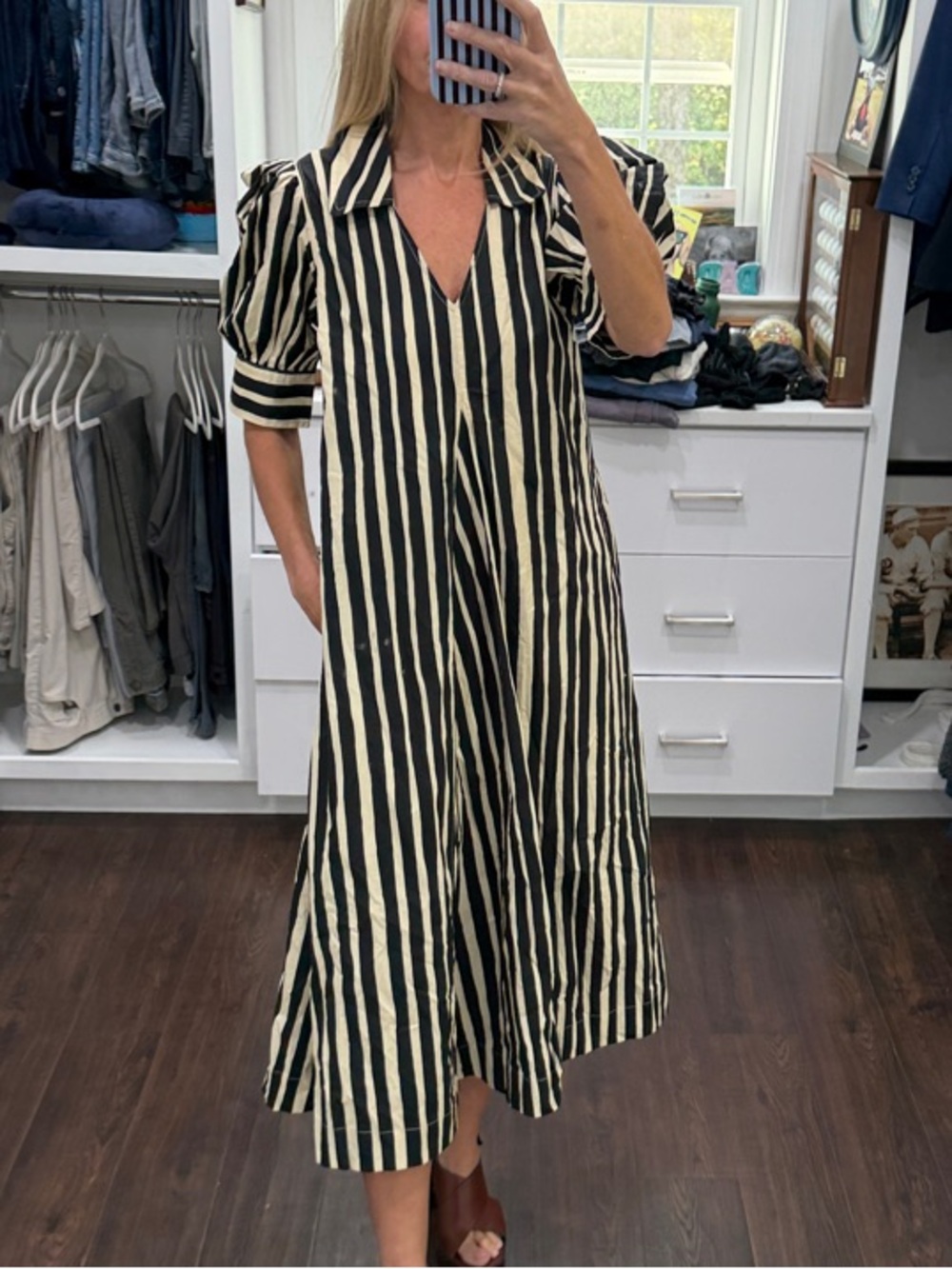 Black and White Striped Collared Midi Dress